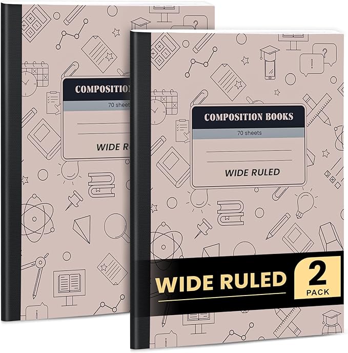 Oucaru Composition Notebook 2 Pack Wide Ruled, Brown Cover Notebooks for School, 70 Sheets 7-1/2"x9-3/4, Back to School Supplies Journal for K-12 Students