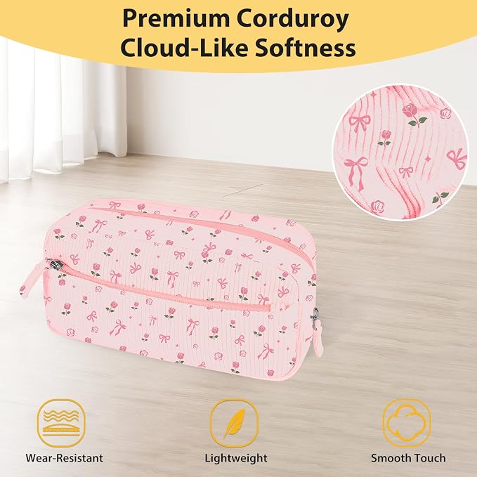 FINPAC Pencil Case, Corduroy Triangle Makeup Bag, Kawaii Pen Bag Pouch Holder Box Organize for Study, Office, or Travel (Pink Rose Bow 2)