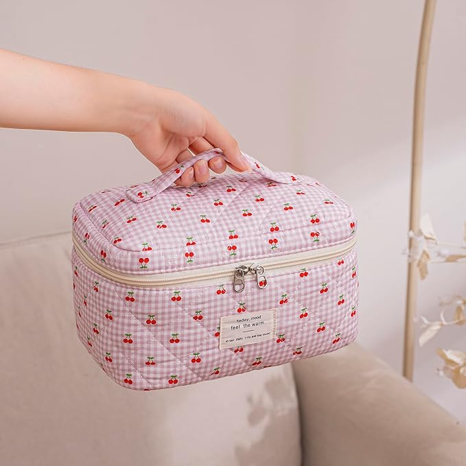 uekeboag Large Travel Quilted Makeup Bag for Women | Soft Floral Cotton Cosmetic Bag, Foldable Coquette Aesthetic Toiletry Organizer
