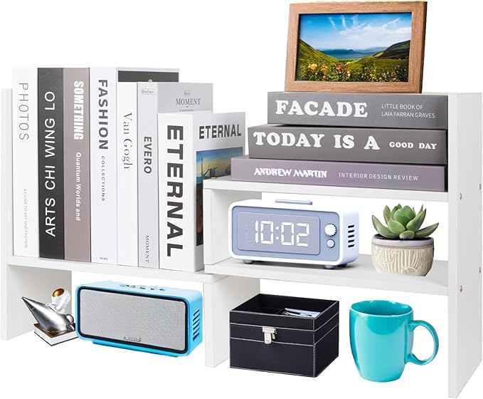 ShellKingdom Desk Shelf Organizer, Desktop Shelves, Adjustable Desktop Corner Shelf, Bookshelf Storage Rack and Cubicle Decor for Desk, Tabletop, School, Office, Dorm Desk Organizer - White