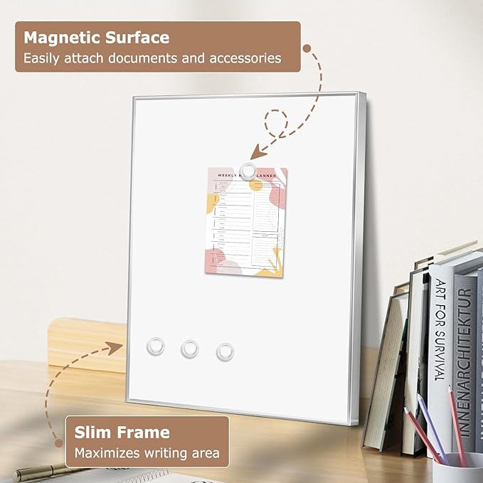 Small Dry Erase Whiteboard, 16 x 12 Inches Magnetic White Board for Students, Home, Office, School, Silver Aluminum Frame, 4 Magnets, 2 Markers