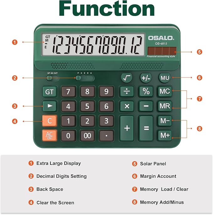 Pendancy Desk Calculator Large Display, 5in LCD 12-Digit, Large Button Calculators Desktop for Accounting, Battery Solar Powered, Rounding Mode & Decimal Places, for Office Business & Home(OS-6815)