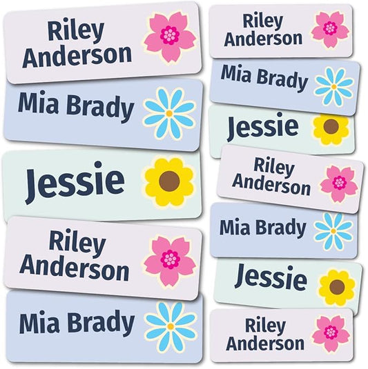 Kids Personalized Name Labels for School, Camp, Daycare (128 Labels) Custom Peel and Stick Waterproof Name Tags Stickers for Water Bottles, Lunch Boxes, Clothing, School Supplies (Flowers)