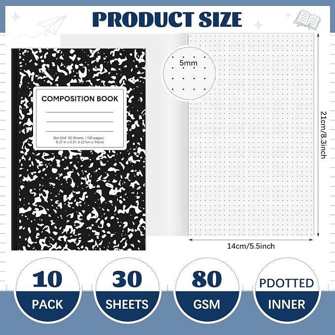 Resurhang 10 Pack Dot Grid Notebooks A5 8.3 x 5.5 Inch Composition Cover 60 Pages Diary Writing Subject Notebooks Black Planner Travel Journal Set for Travelers Students Office