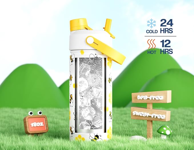 18 oz Cute Water Bottle for Kids: 2-in-1 Straw Spout Lid, Leakproof, Keep Cold 24H, BPA-Free, Backpack and Car Cup-Holder Friendly, Insulated Stainless Steel Cup for Birthday Gift (Sweet Hive)