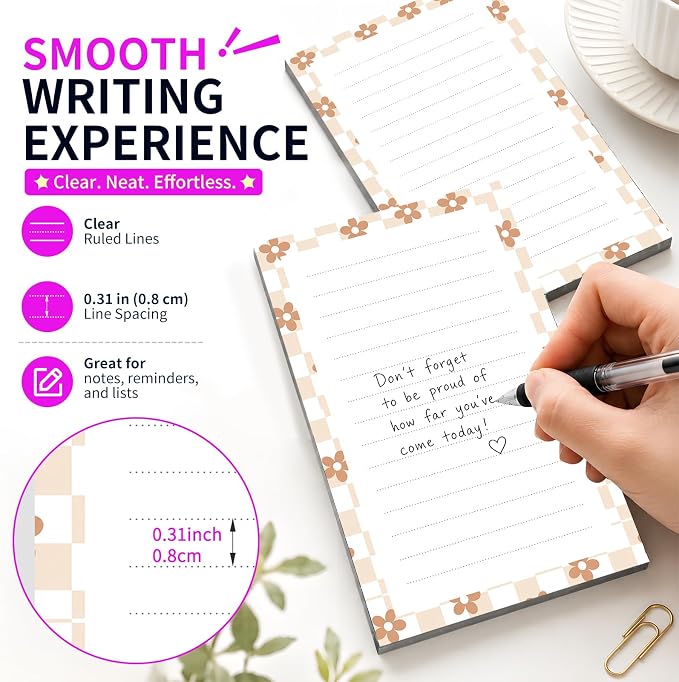 Lined Sticky Notes 4x6 in, 2 Pack Large Cute Notepads with Lines Self-Stick Note Pad, Funny Memo Pads Strong Adhesive for Office, Home Cute Checkerboard Flowers