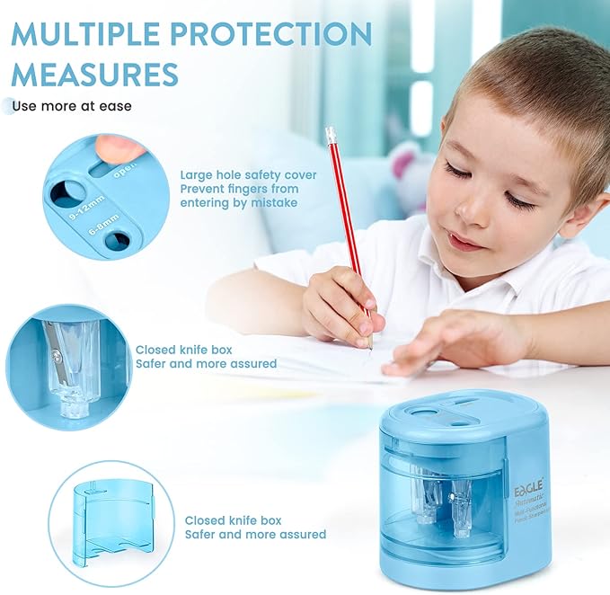 Eagle Electric Pencil Sharpener, Battery or USB Operated, Dual Holes, Dual Blades, fit for Pencils of Size 6-8mm and 9-12mm (Blue)