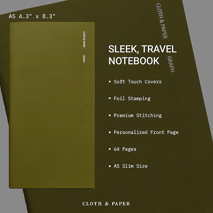 Cloth & Paper Travel Notebook | Graph Notebook – Olive | A5 Slim Grid Paper Notebook 4.3" x 8.3" | Graph Layout for Notes, Diagrams, Lists and Structured Planning for Work or Study – Soft Touch Cover