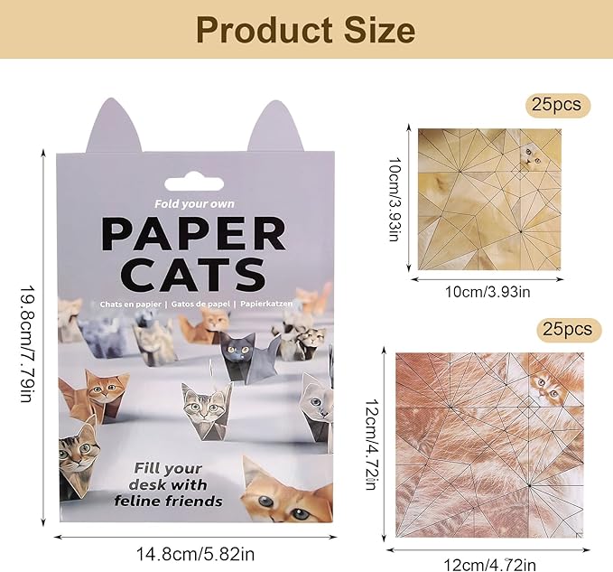 DIY Paper Cats, 50 Sheets DIY Origami Paper to Fold Cute Cat Figures, Desk Decoration Cute Animals Shaped 3D Origami Kit Fun Craft Activity for Cat Lovers