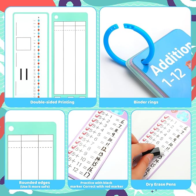 15Pcs Addition Flash Cards, Addition Chart 1-12 with 2 Dry Erase Pens 1 Rings, Time Table Flash Cards for 1st to 3rd Grades Fun Learning with Math Game