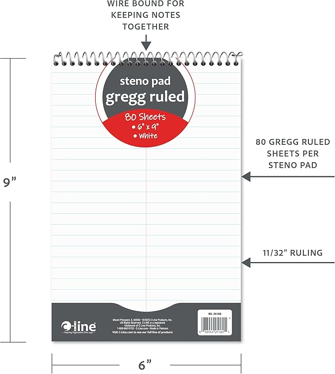 C-Line 6" x 9" White Gregg Ruled Steno Pad, 80 sheets (25169)
