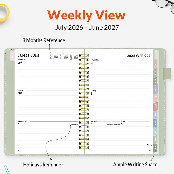 SUNEE 2026-2027 Weekly & Monthly Planner 6.4"x8.5" - 12 Month (July 2026 - June 2027), Vegan Leather Cover Planner Academic Year Calendar, Pocket, Notes, Monthly Tab, Green