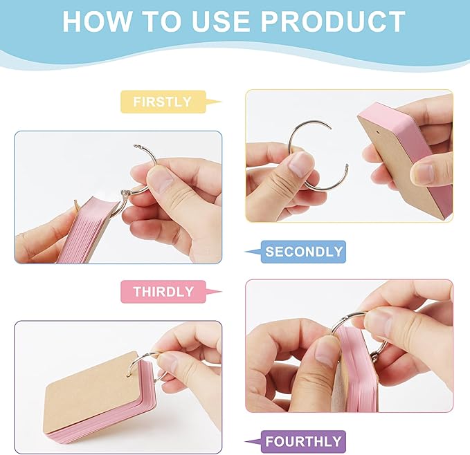 300 PCS Hole-Punched Blank Index Cards With Rings，3.2x2.1In Colored Flash Cards Kraft Paper Cover, Portable Notecards For Study/Office/Home/Note-Taking/Language Learning(6 Color)
