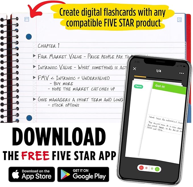 Five Star Advance Spiral Notebooks + Study App, 2 Pack, 3 Subject, College Ruled Paper, 11" x 8-1/2", 150 Sheets, with Spiral Guard and Movable Dividers, Red, White (820111)