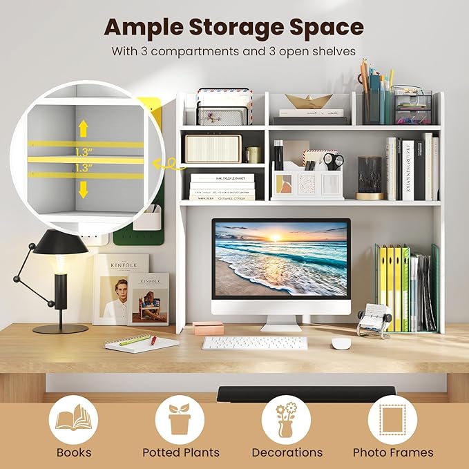 Giantex Desktop Bookshelf, 37" Desk Hutch Dorm for Computer Up to 32 Inch, Countertop Hutch w/6 Storage Shelves, 3-Tier Desktop Organizer Display Rack, Wood Desk Shelf for Home Office (White)