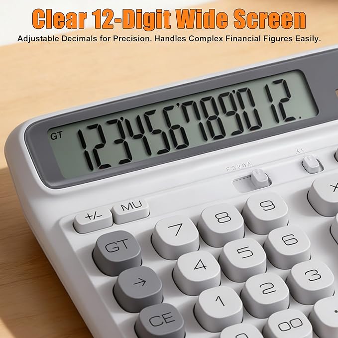 12-Digit Desktop Calculator, Modern Color-Clash Aesthetic Design, Dual Power (Solar & Battery), Ergonomic Tilted Large LCD Display for Office, School and Accounting (Silver)
