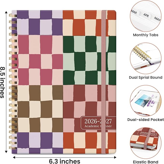 Planner 2026-2027, Academic Planner Weekly and Monthly, Jul 2026 - Jun 2027, Spiral Bound School Planning Tool with Tabs and Pocket, Perfect for Students & Teacher, 6.3" x 8.5", Checkered