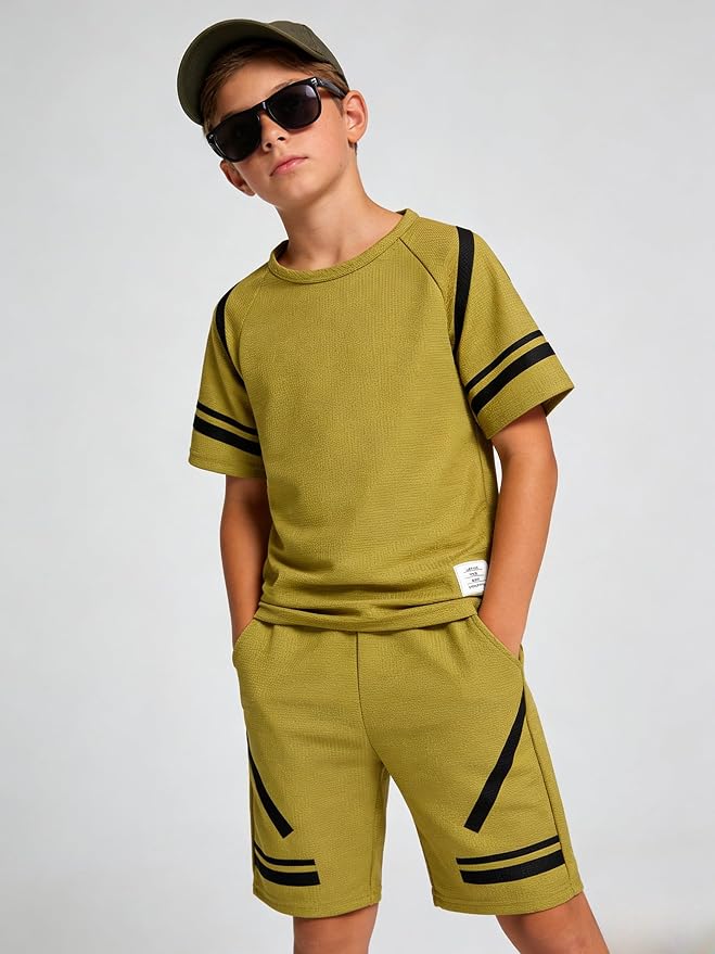 Cakaner Tween Boys Clothes Summer Simple Print T-Shirt And Shorts Set 2 Pieces Teen Trendy Outfits Size 7-14 Year