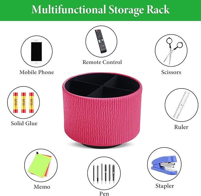 Round Leather Art Supply Organizer,Remote Control Holder,360 Degree Spinning,Multi-Functional Pencil Holder,4 Compartments Desktop Stationary Organizer(1-Vertical Wood Red)