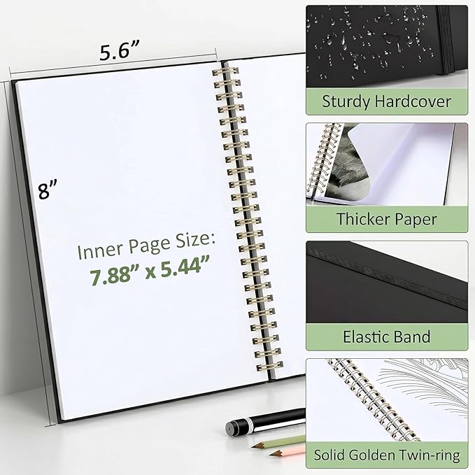 Forvencer 2 Pack Blank Spiral Notebook, 8"x 5.6"Hardcover Sketch Book, 100GSM Thick Paper, Art Sketchbook for Women & Adult, 100 pages / 50 Sheets Drawing Book Journal for School Office Drawing, Green