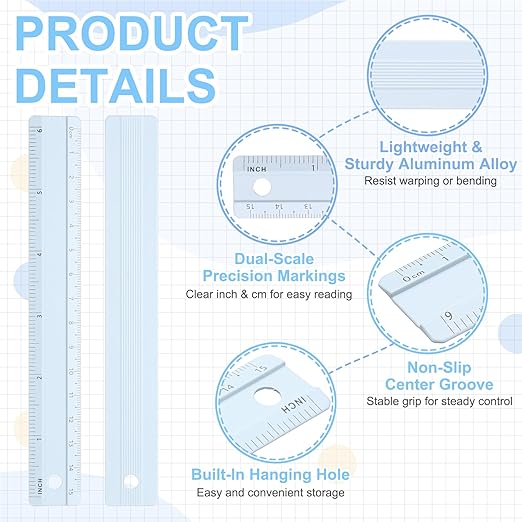 PATIKIL Metal Ruler 6 Inch/15cm, 1 Pcs Aluminum Straight Edge Ruler, Dual Scale Measuring Tool with Inch/Centimeter Scales & Hole for Math Office Drawing Engineering Home, Blue