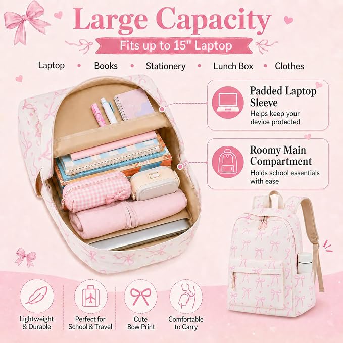 LOIDOU Backpack for Teen Girls Bookbags School Backpack with Lunch Box 2 in 1 School Bags Set (Bow Tie Beige)