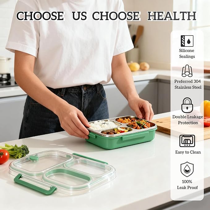 Stainless Steel Bento Box for Kids, 3-Compartment Leakproof Lunch Box with Lid, Toddler Food Container for School, Microwave Safe, Dishwasher Safe, BPA Free, 25oz(green)