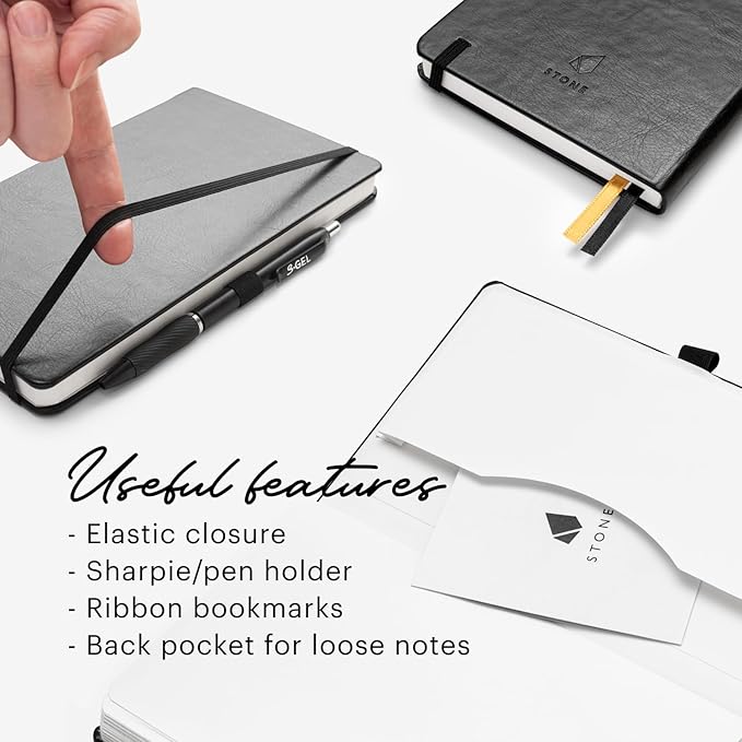 Stone Journal Chef Notebook – 13 × 21 cm Waterproof Paper, 144 Pages, Half Lined & Half Blank, Vegan Leather Hardcover, Kitchen Conversions, Premium Journal (Black)