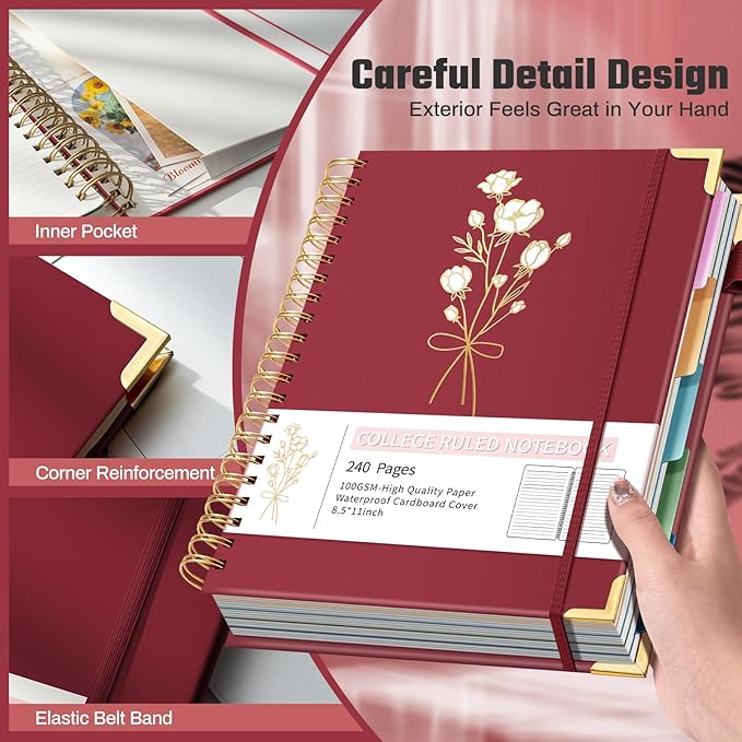Hardcover Spiral Notebooks 8.5" X 11" Note Taking 5 Subject Notebook College Ruled with Dividers 240 Pages 100GSM Aesthetic Spiral Notebook for Work School Cute Journals for Women Writing, Red