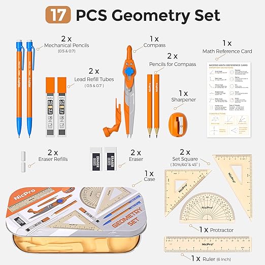 Nicpro 17 PCS Compass Geometry Set for Students, Drafting Tools Math Protractor Compass with Rulers, Mechanical Pencil, Square Set, Box of Protractors Kit for Class Supplies, Back to School Supplies
