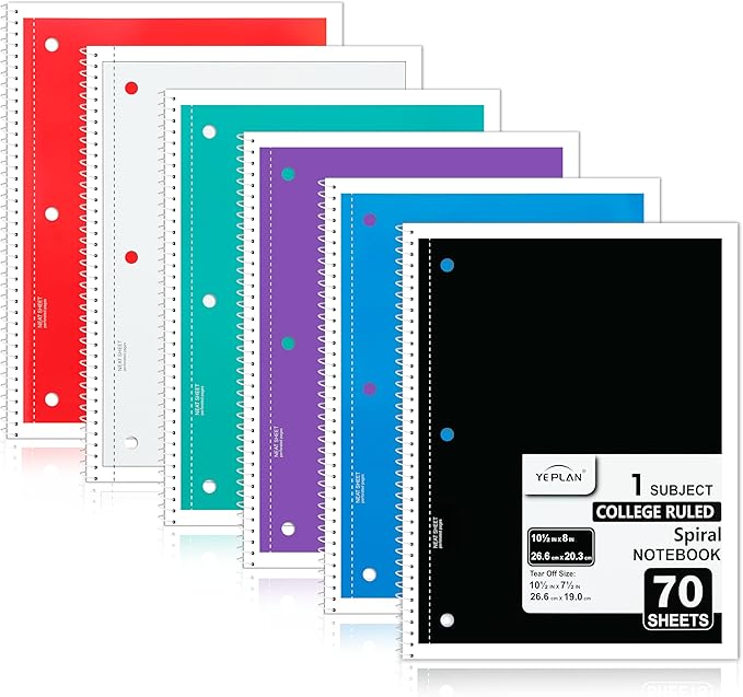 Yeplan Spiral Notebooks 6 Pack, College Ruled Notebook Paper, 1 Subject Notebook for School & Work, 8" x 10-1/2", 70 Sheets per Notebook, 6 Assorted Colors