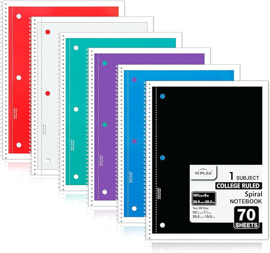 Yeplan Spiral Notebooks 6 Pack, College Ruled Notebook Paper, 1 Subject Notebook for School & Work, 8" x 10-1/2", 70 Sheets per Notebook, 6 Assorted Colors