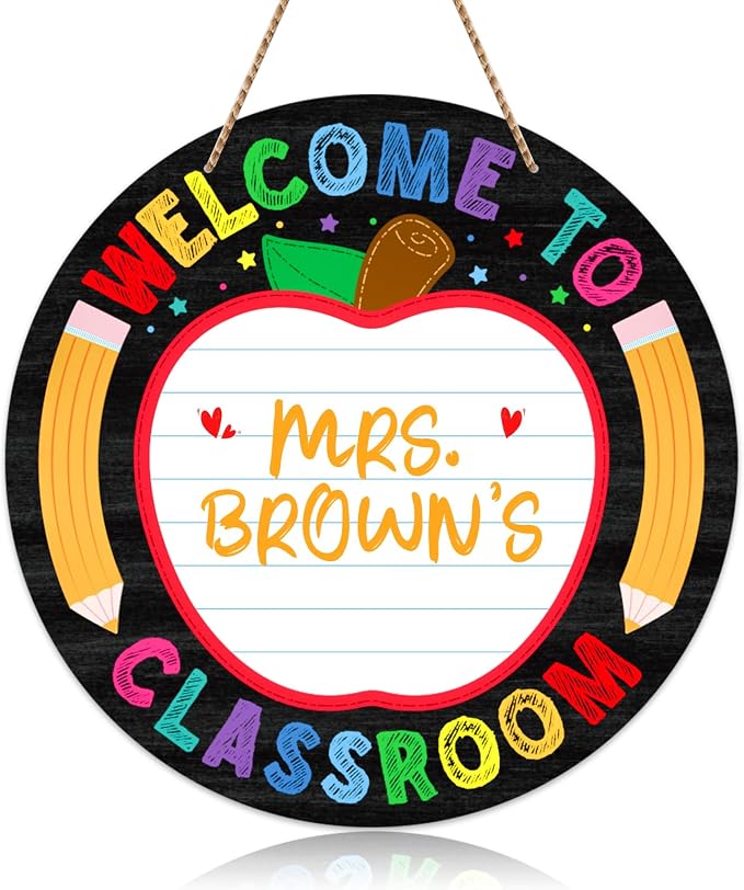 WaaHome Teacher Door Sign Personalized Teacher Name Sign for Classroom 11.3" Welcome Signs for Classroom Decorations, Back to School Classroom Door Hanger for Elementary Teachers Supplies