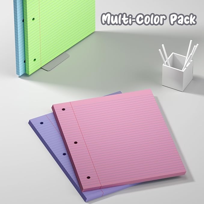 400 Sheets Pastel Colored Filler Paper Set, College Ruled, 8" x 10.5" Three-Hole Punched, Compatible with 3-Ring Binders, Includes Pink, Purple, Blue, Green