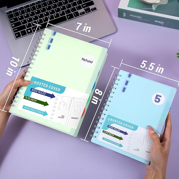 FLYING EAGLE 2 Pcs 5 Subject Notebook Wide Ruled, Small Spiral Notebook 5x7 for Work, 408 Pages Lined Journal with Removable Dividers, Small Notebooks for Work, Teal Blue
