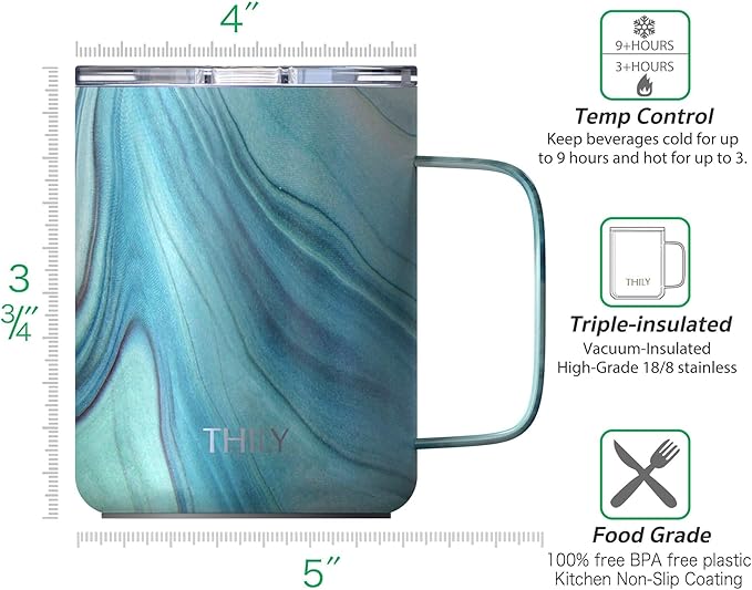 THILY Vacuum Insulated Travel Coffee Mug 12 oz Triple-Insulated Stainless Steel Coffee Cup with Handle, Spill-Proof Lid, Lightweight, Keeps Drinks Hot for Hours, Blue Swirl