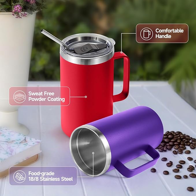 Volhoply 22oz Insulated Stainless Steel Coffee Mugs with Leakproof Lid Bulk 2 Pack,Double Wall Vacuum Travel Coffee Cup with Handle,Reusable Metal Tumbler,Camping Mug Keep Hot&Cold(Mix,2)
