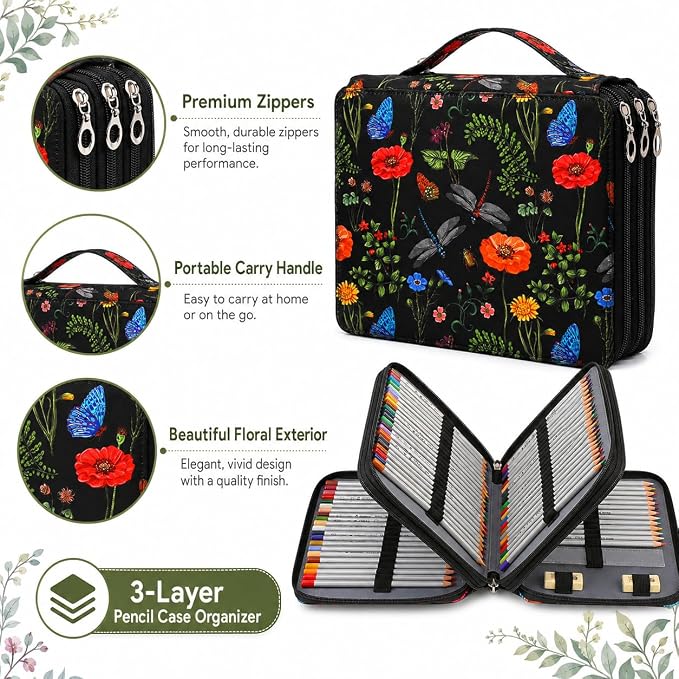200 Slots Colored Pencil Case Organizer, 4 Layer Bag | Twill Oxford fabric,203 elastic loops,detachable handle,for travel, home storage,drawing tools,creative gifts