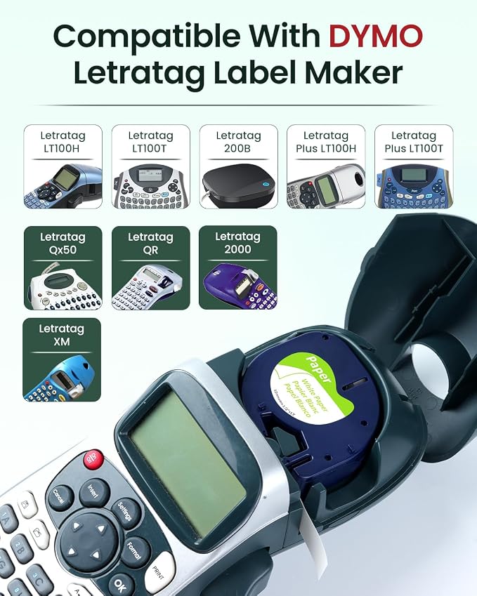 6-Pack 91330 Compatible with Dymo LetraTag Label Tape Refills | 12mm x 4m (1/2" x 13') White Paper, Compatible with Dymo Label Maker LT-100H, LT-100T, Easy-Peel, Strong Adhesive