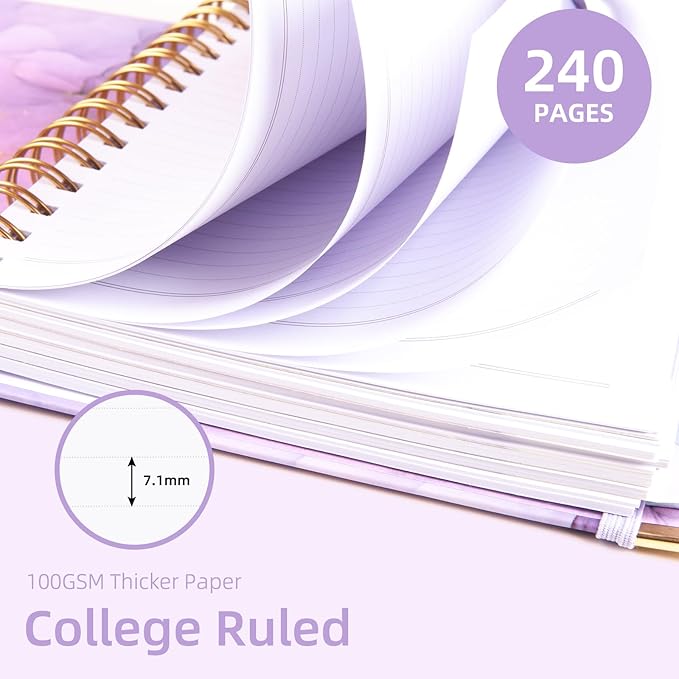 Spiral Notebooks for Work, 240 Pages Lined Spiral Journal Notebook, 5 Subject A5 College Ruled Journals for Writing, 8.6”x6.2''Journaling Notebooks for School Office Supplies(Purple Marble)