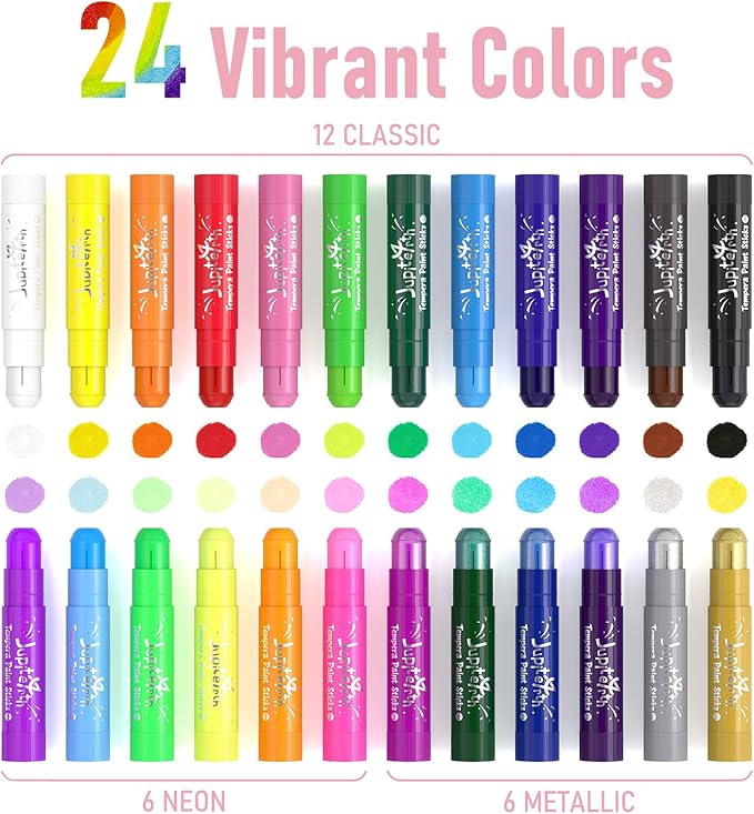 JUPITEARTH Paint Sticks for Kids 24 Colors, Quick Drying, Smooth, Non-Toxic and Washable Tempera Paint Sticks with 120 PDF Coloring Pages and 30 Stickers, Toddler Art Supplies for Drawing
