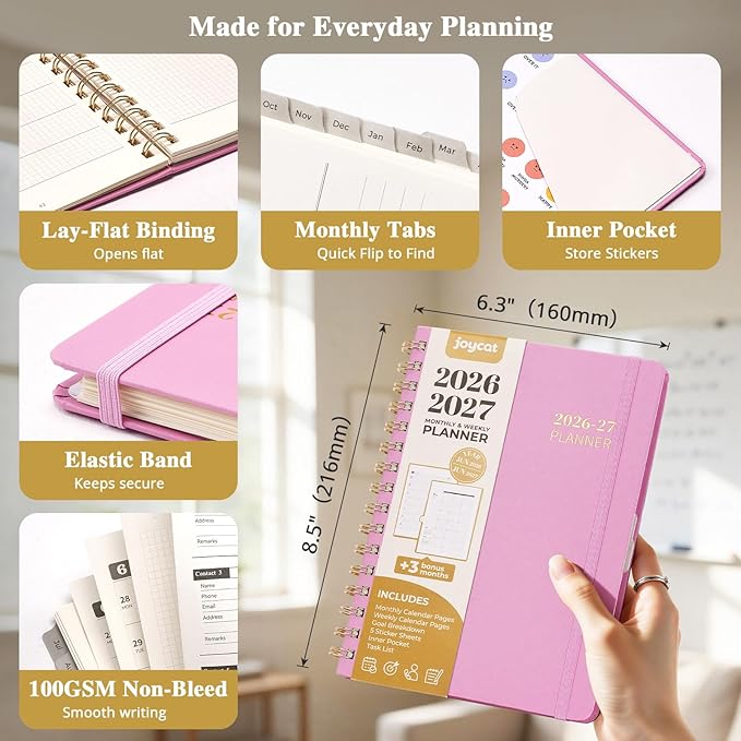 JoyCat 13-Month Academic Planner 2026-2027, June 2026 - June 2027, A5 Weekly & Monthly Planner, Hardcover Agenda with Tabs, 5 Sticker Sheets, Elastic Closure & Pocket for Teachers & Students, 6.3" x 8.5", Pink
