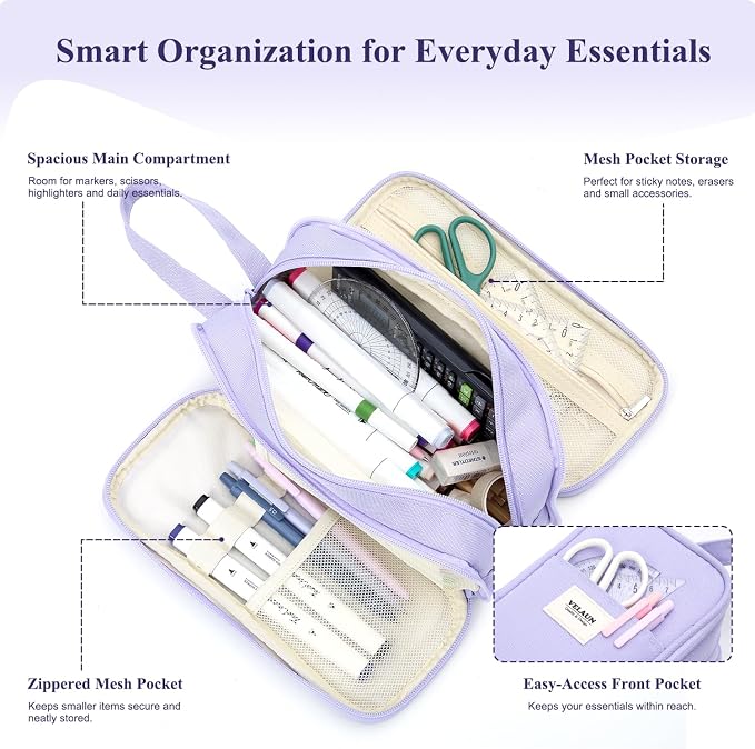 Pencil Case Pouch, Large Capacity Pencil Box Bag, Aesthetic Pen Organizer for School Supplies, Cute Preppy Stuff for Girls Boys Kids, Back to College Stationery, Purple