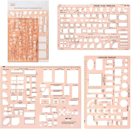 Mr. Pen- House Plan, 3 pcs, Interior Design and Furniture Templates, Clear Flexible Plastic, Drafting Tools, Ruler Shapes for Architecture, 1/4 Inch Scale, Kitchen, Bath, Bedroom, Office, Living Room