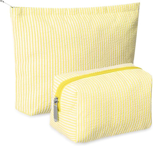 Huhumy 2 Pcs Makeup Bag Set for Women, Yellow, Thin Striped Seersucker | Cute Cosmetic Pouch Women Travel Toiletry Bag Preppy Small Makeup Purse Pouch Aesthetic Skincare Brushes Storage Organizer
