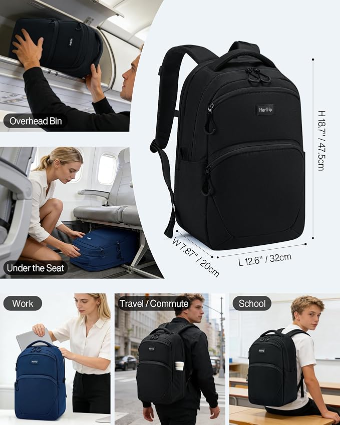 HanTrip 18 Inch Carry on Travel Backpack with Lots of Pockets, Black | 17 Inch Laptop Sleeve, Luggage Sleeve, Water Bottle Pocket, 30 Liter, Chest Strap, Water Resistant, 18x14x8 Medium Bookbag