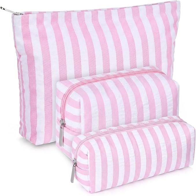 Huhumy 3 Pcs Makeup Bag Set Cute Cosmetic Pouch for Women Aesthetic Seersucker Travel Toiletry Bag Set Preppy Small Makeup Purse Pouch Wide Stripe Cosmetic Organizer Pencil Case with Zipper(Pink)