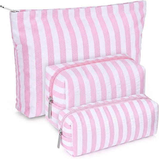 Huhumy 3 Pcs Makeup Bag Set Cute Cosmetic Pouch for Women Aesthetic Seersucker Travel Toiletry Bag Set Preppy Small Makeup Purse Pouch Wide Stripe Cosmetic Organizer Pencil Case with Zipper(Pink)