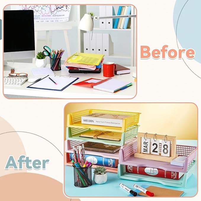 gisgfim 6 Pcs Turn in Trays Classroom Pastel Paper Tray for Classroom Organization and Storage Stackable Plastic Book Baskets Turn in Bins Teacher Organizers for Library Drawers School Office Desk