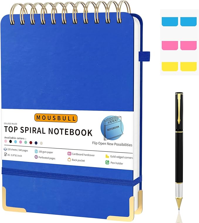 Mousbull Top Spiral Notebook, A5 Hardcover Top Bound Steno Pads, 240 Pages 100gsm College Ruled Left Handed Notebook Journal for Work, School, Meeting Writing - Navy Blue, 5.9" x 8.5"